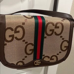 Gucci Beige/Brown GG Canvas Messenger Bag with Green & Red Web